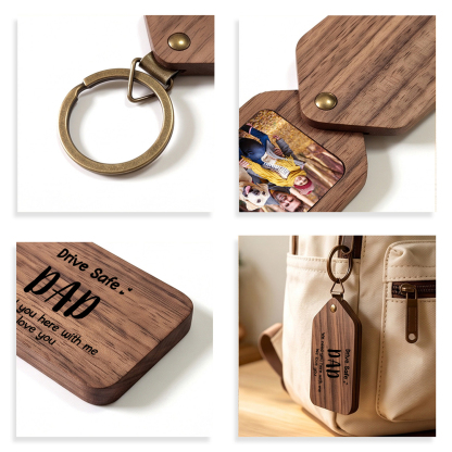 Personalized Wooden Photo Keychain Drive Safe Dad