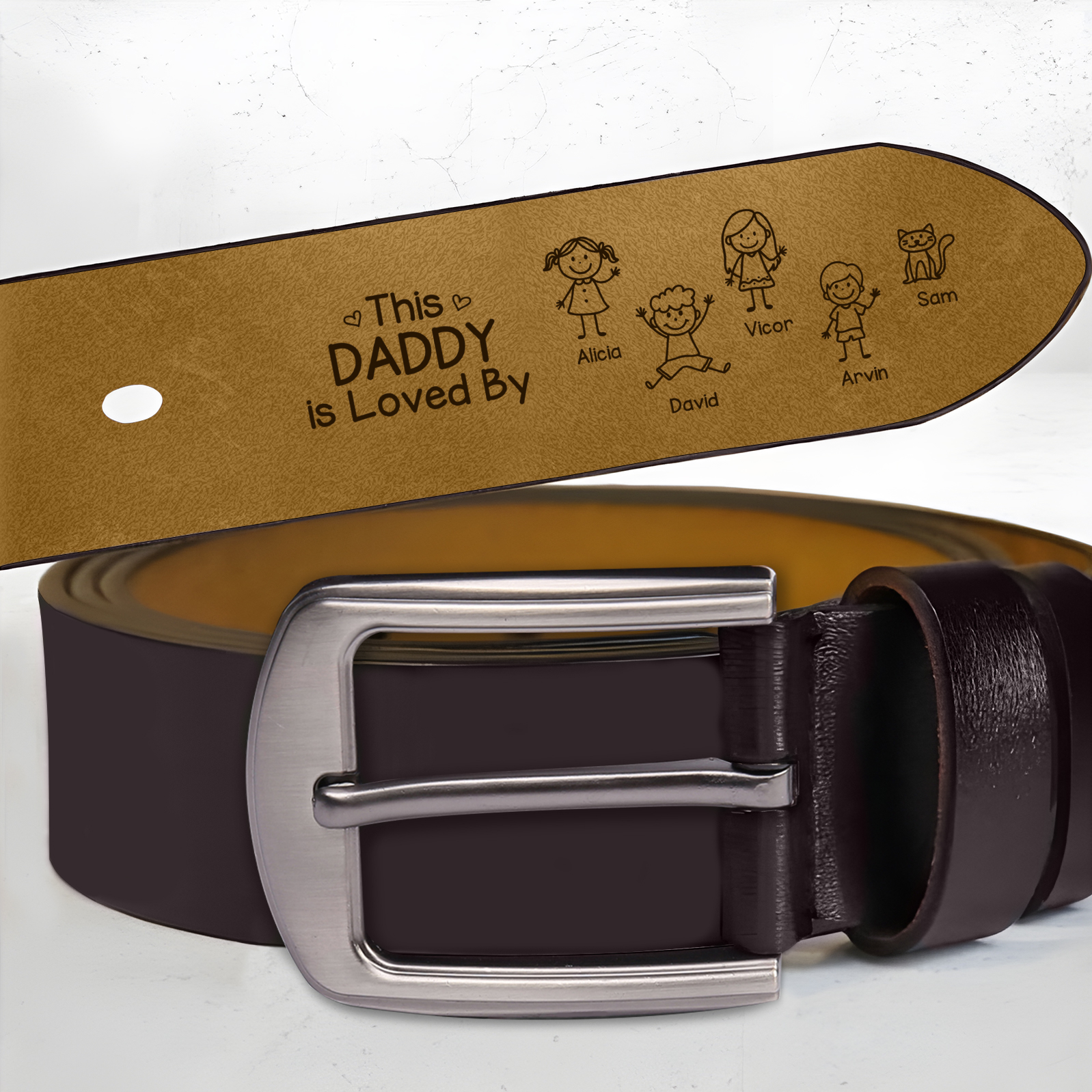 Personalized Leather Men Leather Belt For Dad Grandpa Customized With 1–10 Names And Child Figures