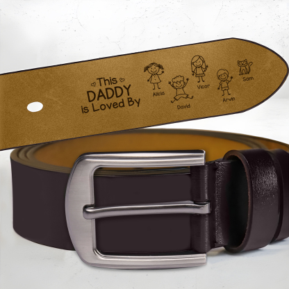 Personalized Leather Men Leather Belt For Dad Grandpa Customized With 1–10 Names And Child Figures
