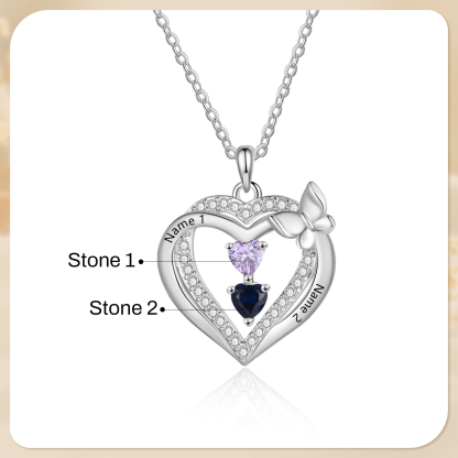 Personalized 1-3 Names Butterfly Heart Birthstone Necklace