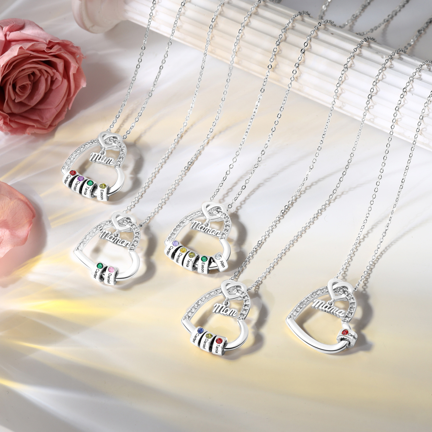 Personalized Mom heart necklace with birthstone and 1-5 names