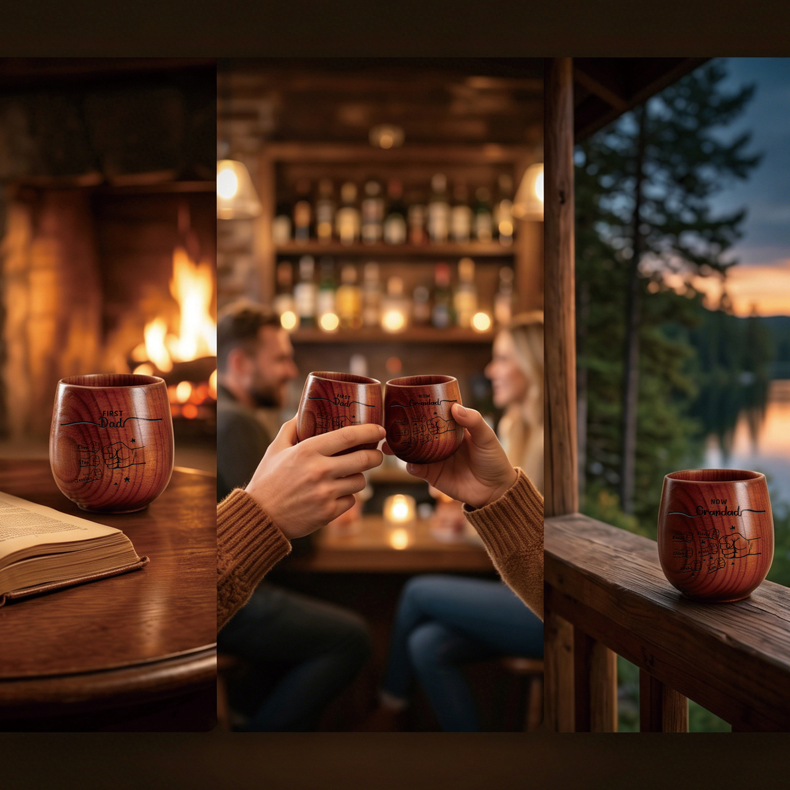 Personalized Wooden Whiskey Cup for Dad Grandpa Customized with 2-12 Names and Fist Bumps