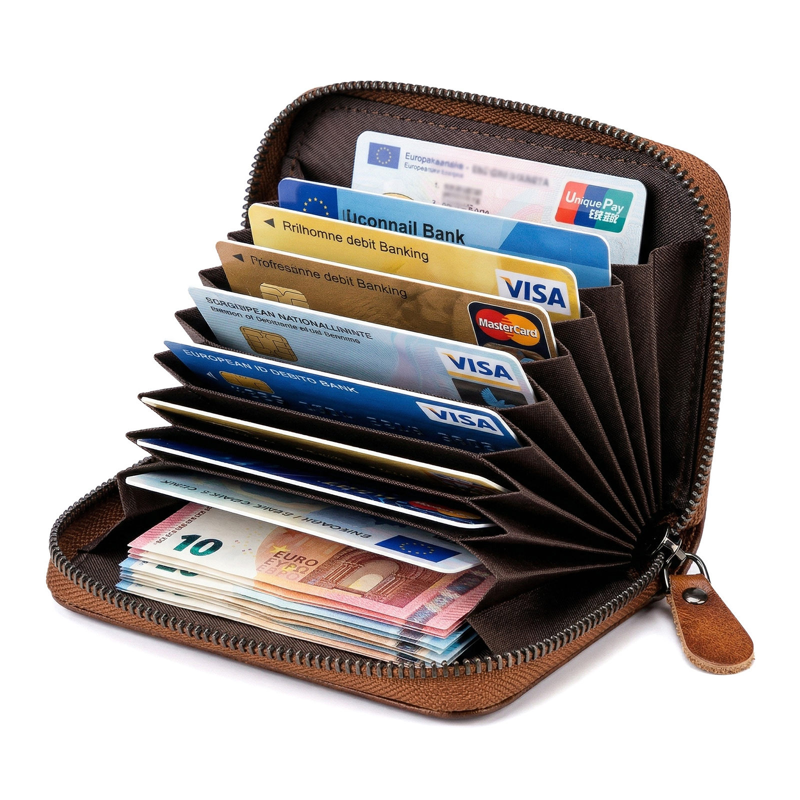 Personalized Genuine Leather Zip Card Holder Multiple Compartments with 9 Designs to Choose From