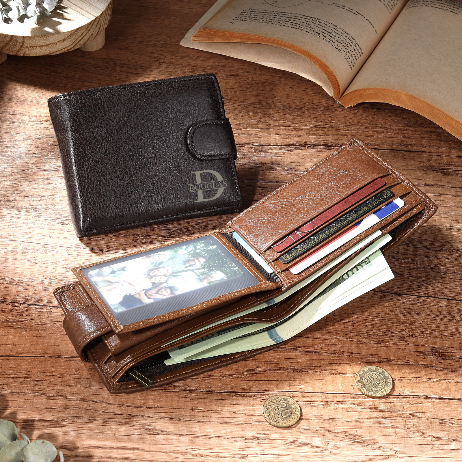 Personalized Leather RFID Blocking Bifold Wallet for Men with Snap Closure Name or Initials Engraved