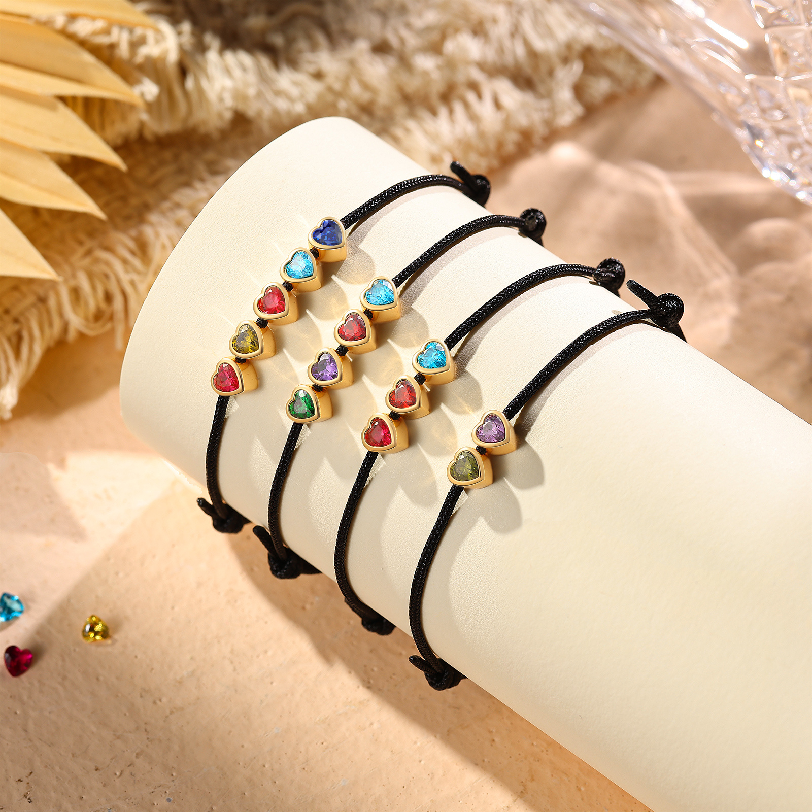 Personalized String Rope Bracelet Adjustable Custom with 2–5 Heart-shaped Birthstones Gift for Mom