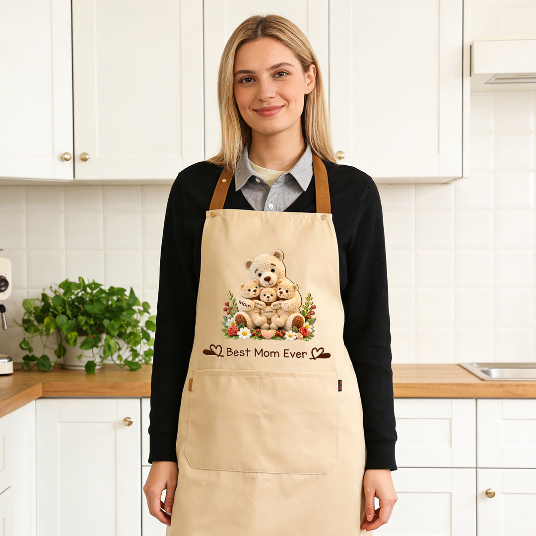 Personalized Cooking Apron With Pocket Customized With 1-10 Names And Teddy Bear