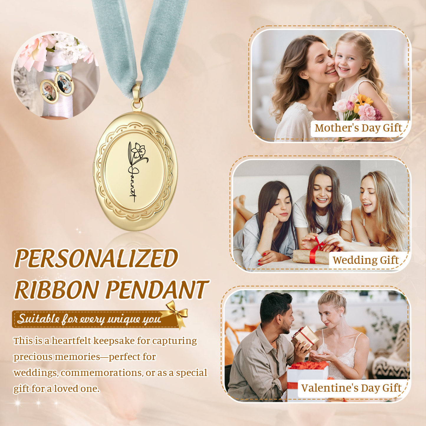 Personalized Photo Bridal Bouquet Charm with Birth Flower and Ribbon Memorial Wedding Keepsake