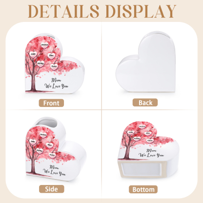 Personalized Heart Shaped Ceramic Vase With Pink Family Tree Customized With 1–12 Names