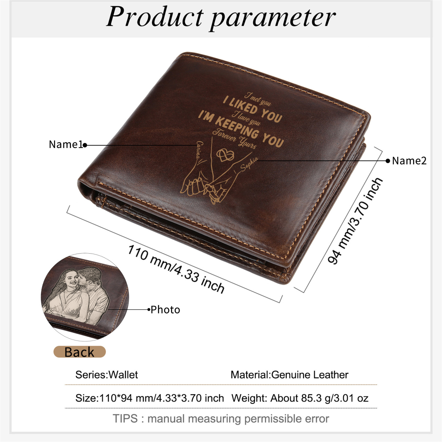 Personalized Engraved Photo Genuine Leather Wallet for Men Pinky Promise