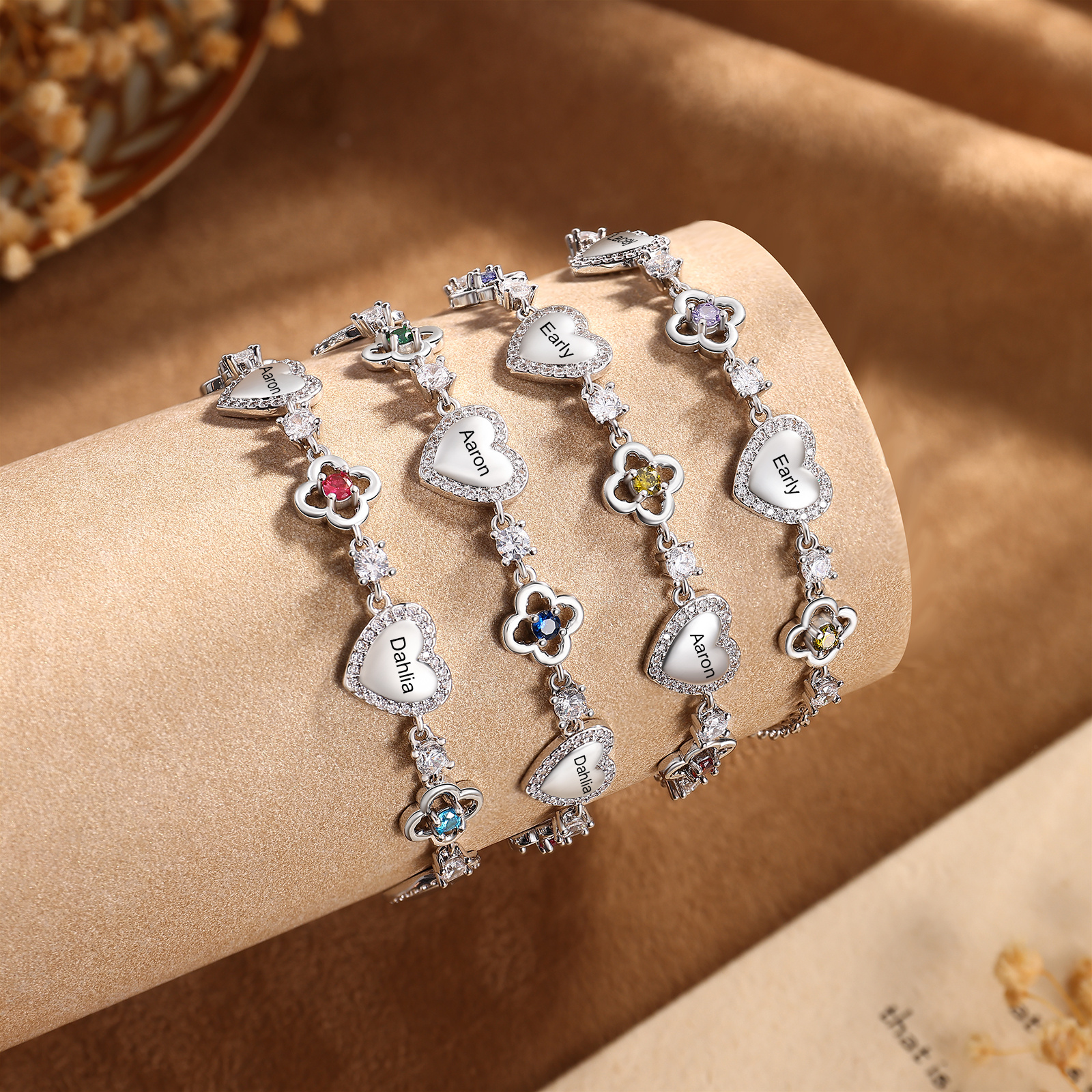 Personalized Birthstone Bracelet with Heart and Flowers Customized with 2–5 Names and Stones