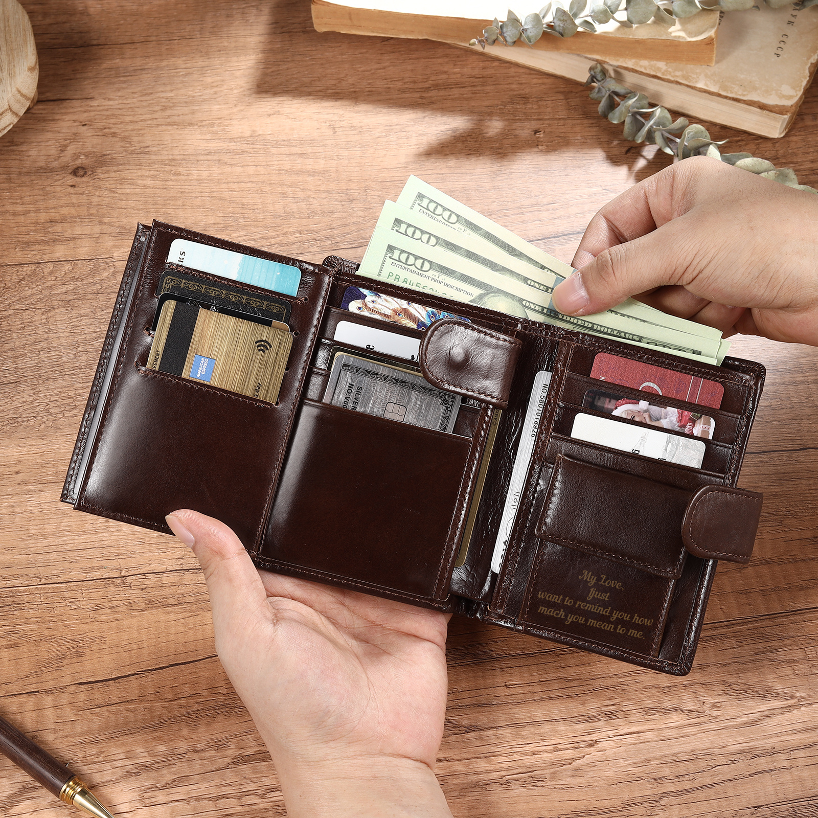 Personalized Leather RFID Blocking Bifold Wallet for Men with Snap Closure