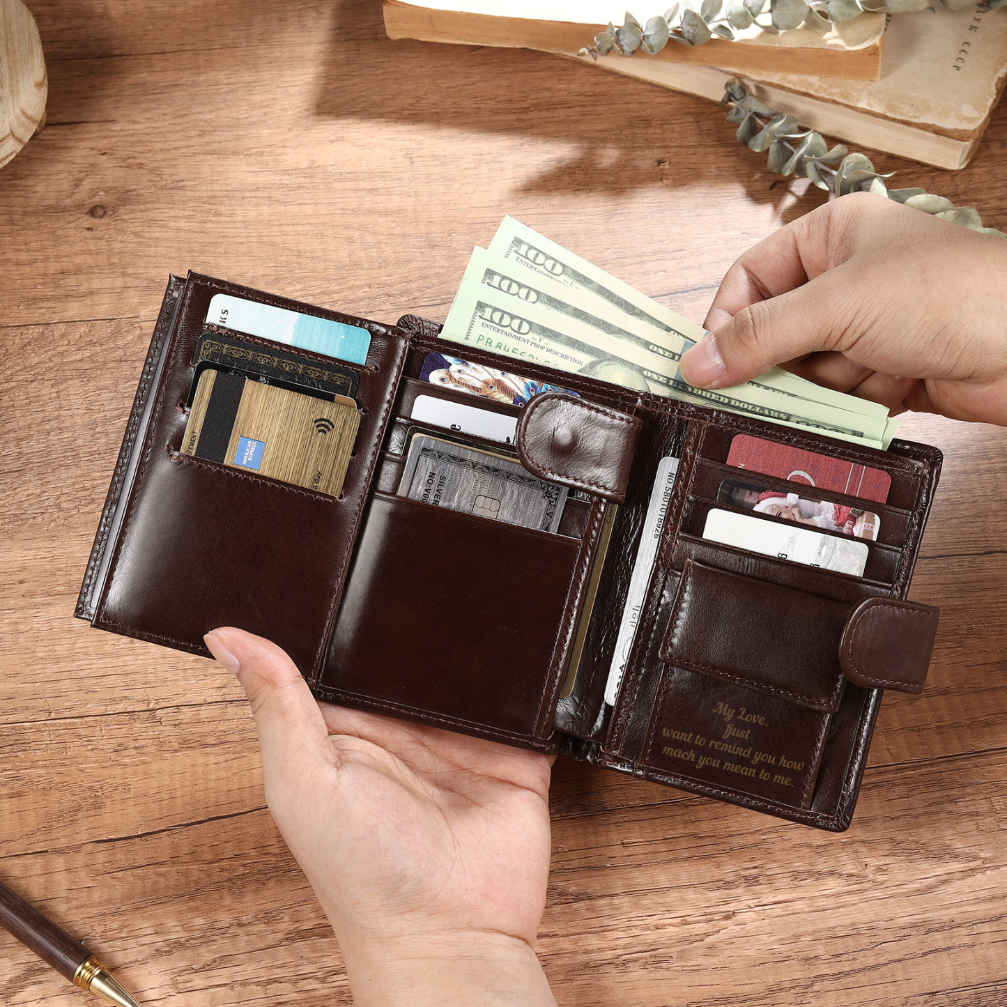 Personalized Leather RFID Blocking Bifold Wallet for Men with Snap Closure