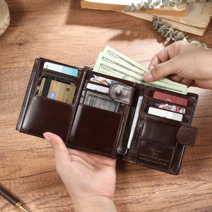 Personalized Leather RFID Blocking Bifold Wallet for Men with Snap Closure