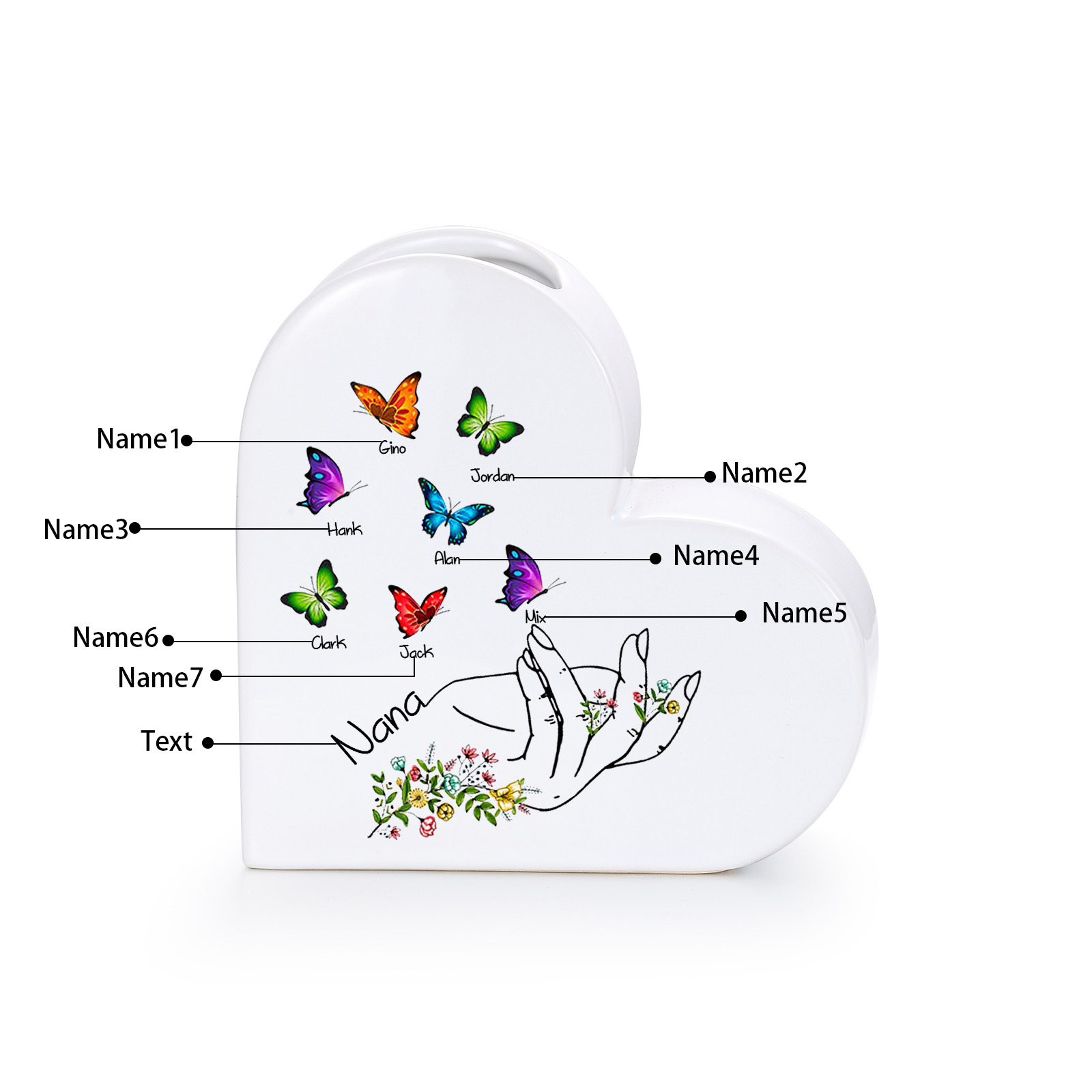Personalized Ceramic Heart Vase Custom with 2–8 Names and Butterfly