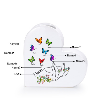 Personalized Ceramic Heart Vase Custom with 2–8 Names and Butterfly