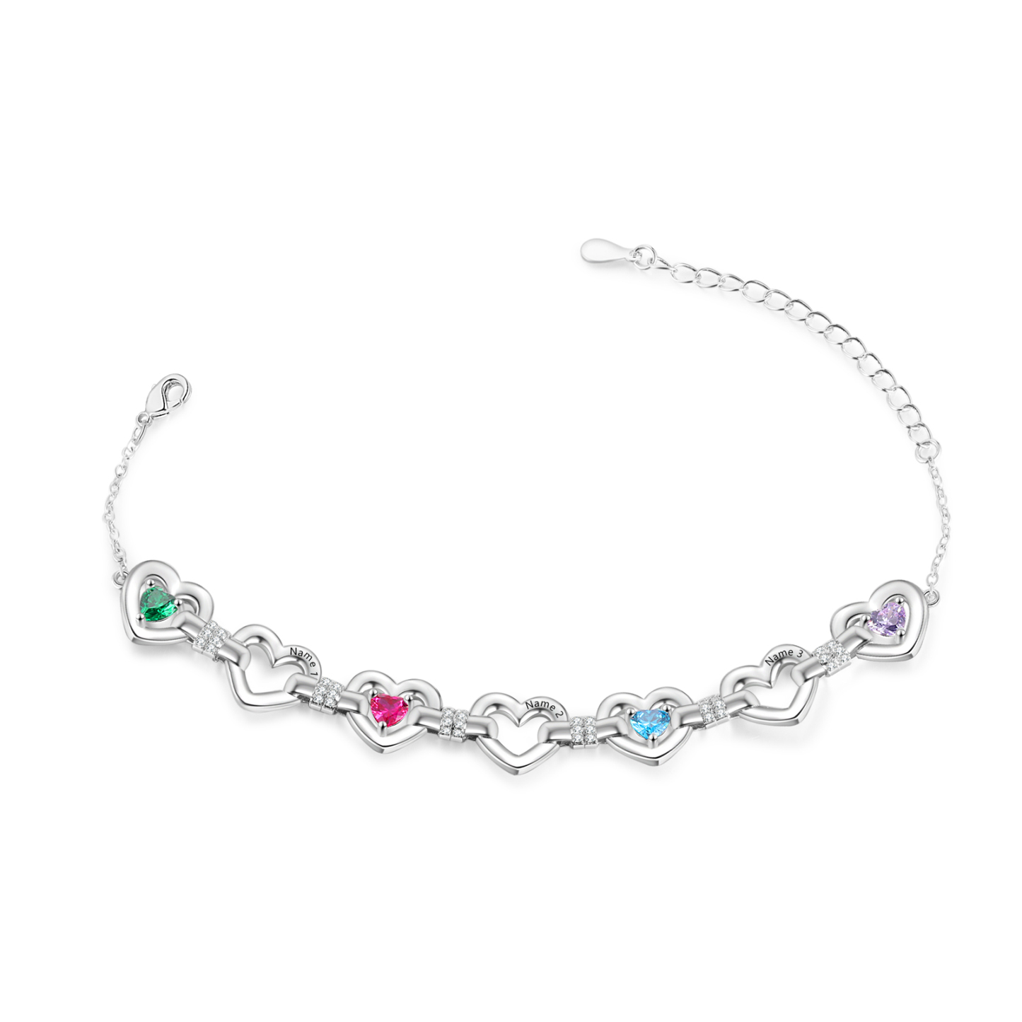 Personalized Linked Hearts Birthstone Bracelet with 1–4 Engraved Names