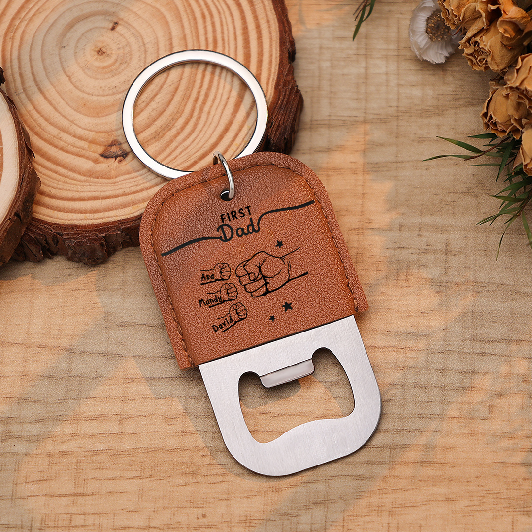 Personalized Leather Keychain With Bottle Opener Custom with 2-12 Names And Fist Bumps