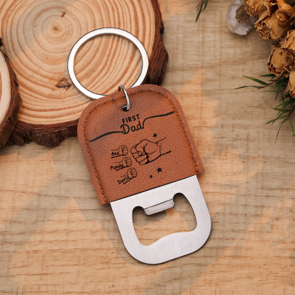 Personalized Leather Keychain With Bottle Opener Custom with 2-12 Names And Fist Bumps