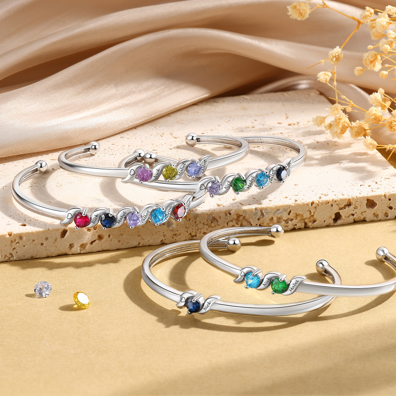 Personalized Women Birthstones Bangle Family Bracelet Customized With 1–5 Names Stones