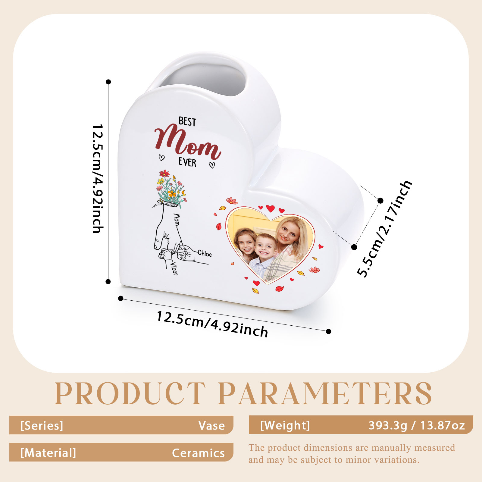 Personalized Heart Shaped Ceramic Vase Custom With 1-6 Names And Photo Gift For Mom Or Grandma