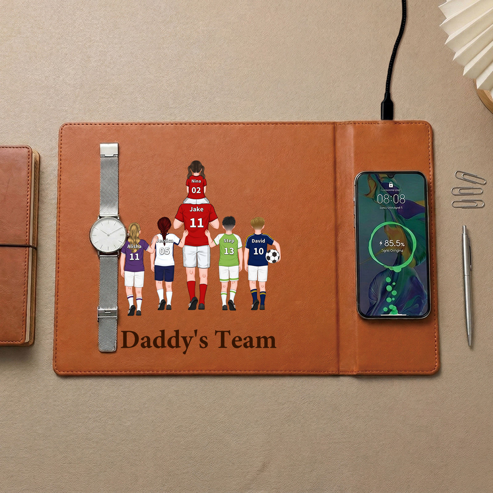 Personalized Leather Desk Pad With Wireless Charging Function Dadday's Team Custom with 1 To 8 Child Figures And Names