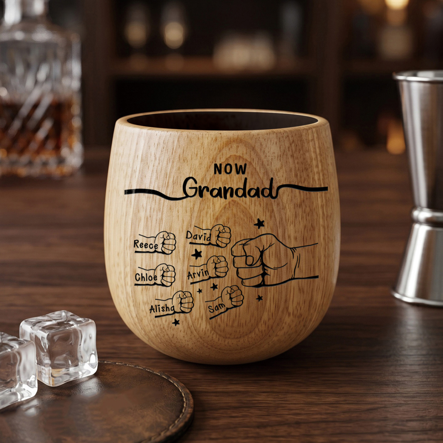 Personalized Wooden Whiskey Cup for Dad Grandpa Customized with 2-12 Names and Fist Bumps