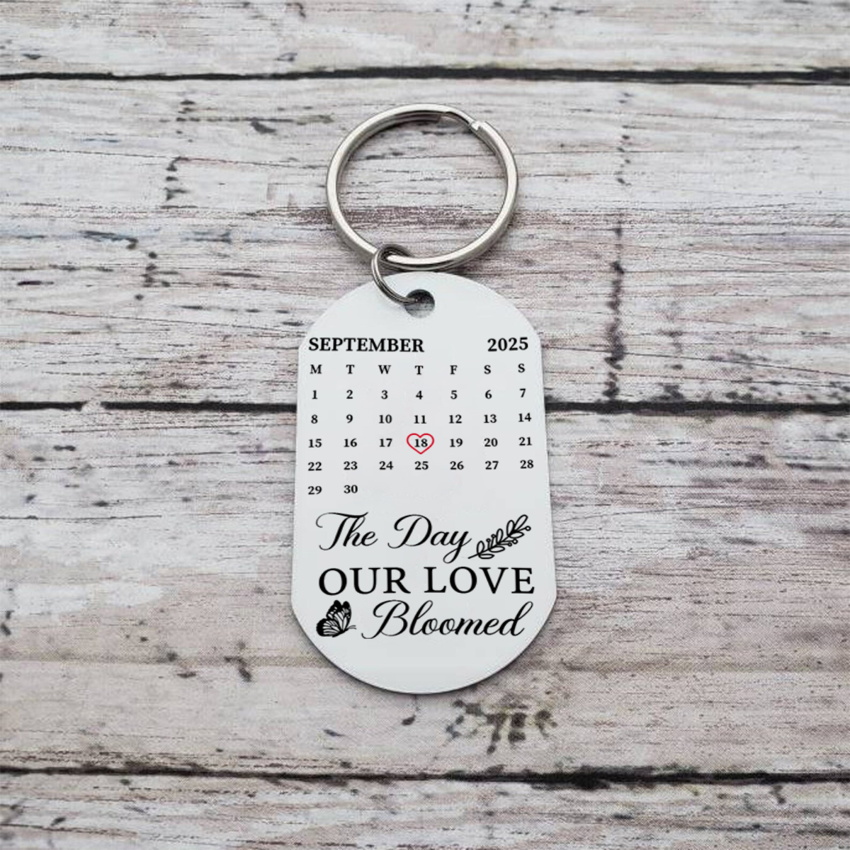 Personalized Keychain with Floral Calendar — The Day Our Love Blossomed