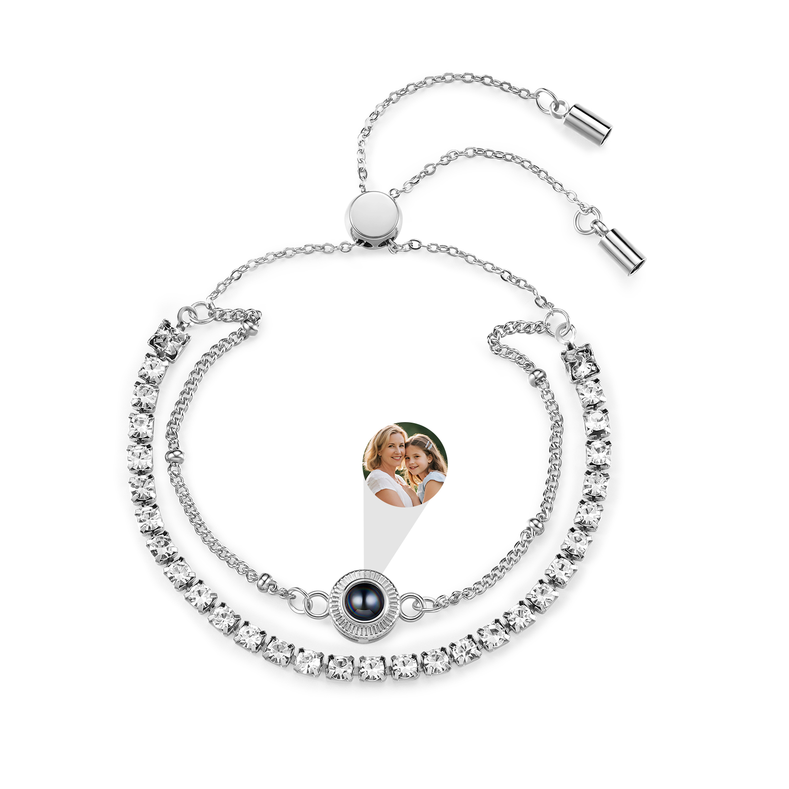 Personalized Photo Projection Bracelet with Double Rhinestone Row Adjustable Women’s Bracelet