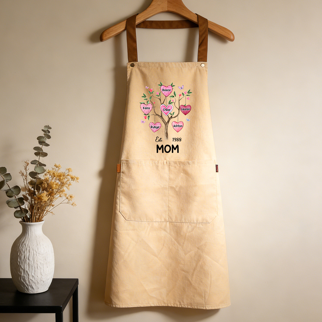 Personalized Mom Family Tree Apron with Pocket Customized with 2–8 Names