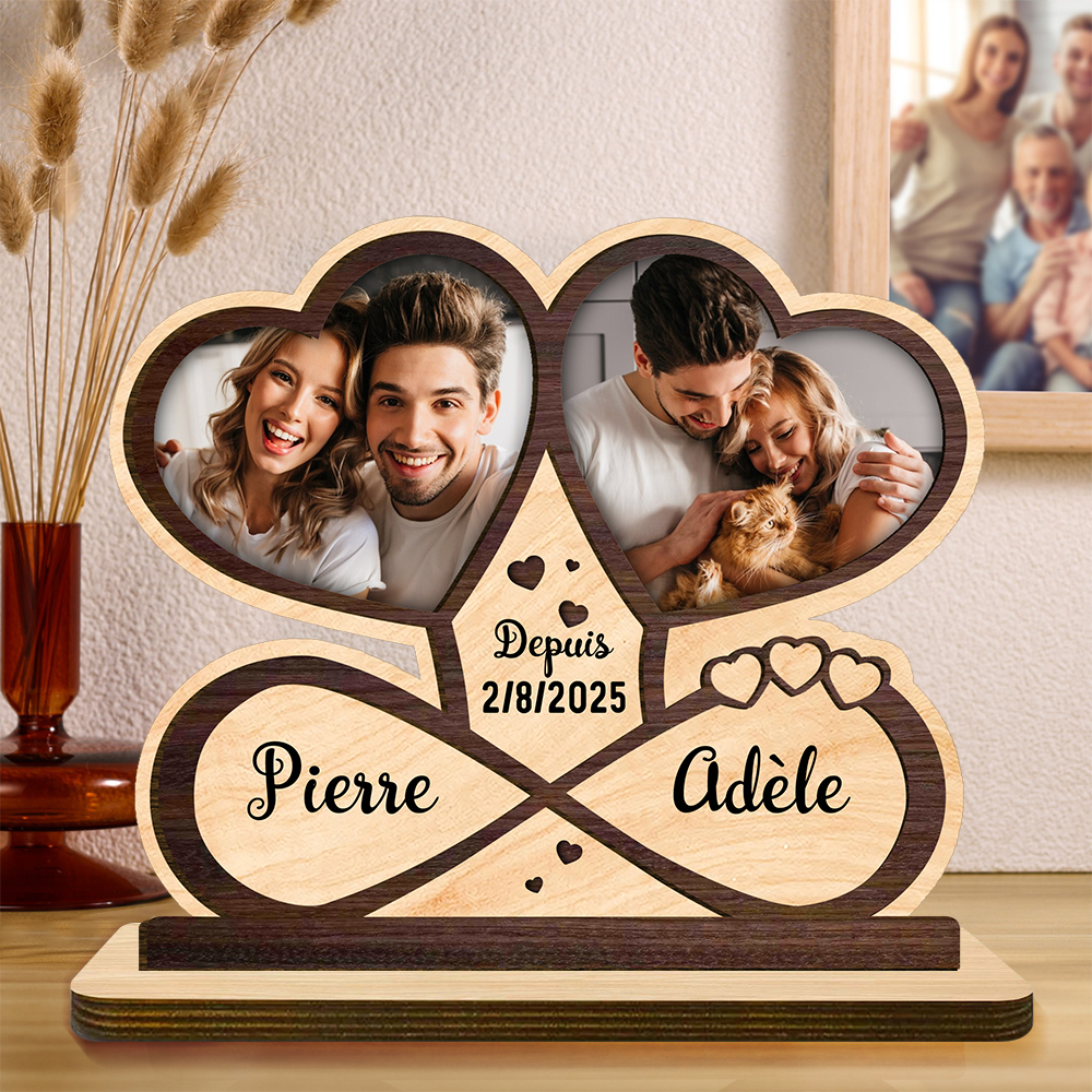 Personalized heart-shaped wooden plaque, infinity heart photo frame decoration, personalized gift for birthdays, weddings, Valentine’s Day, and home décor for couples and lovers | Jessemade.com