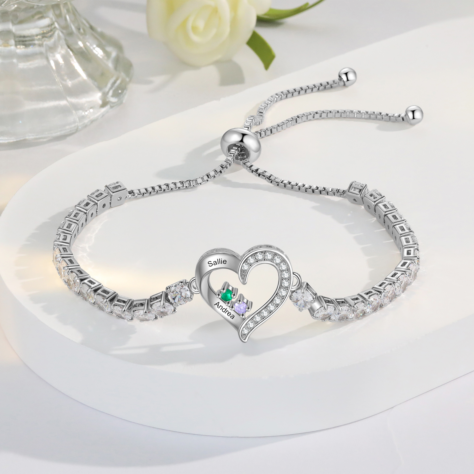 Personalized Heart Bracelet with 2-4 Names & CZ Birthstones – Custom Rhodium Plated Gift for Her | Jessemade