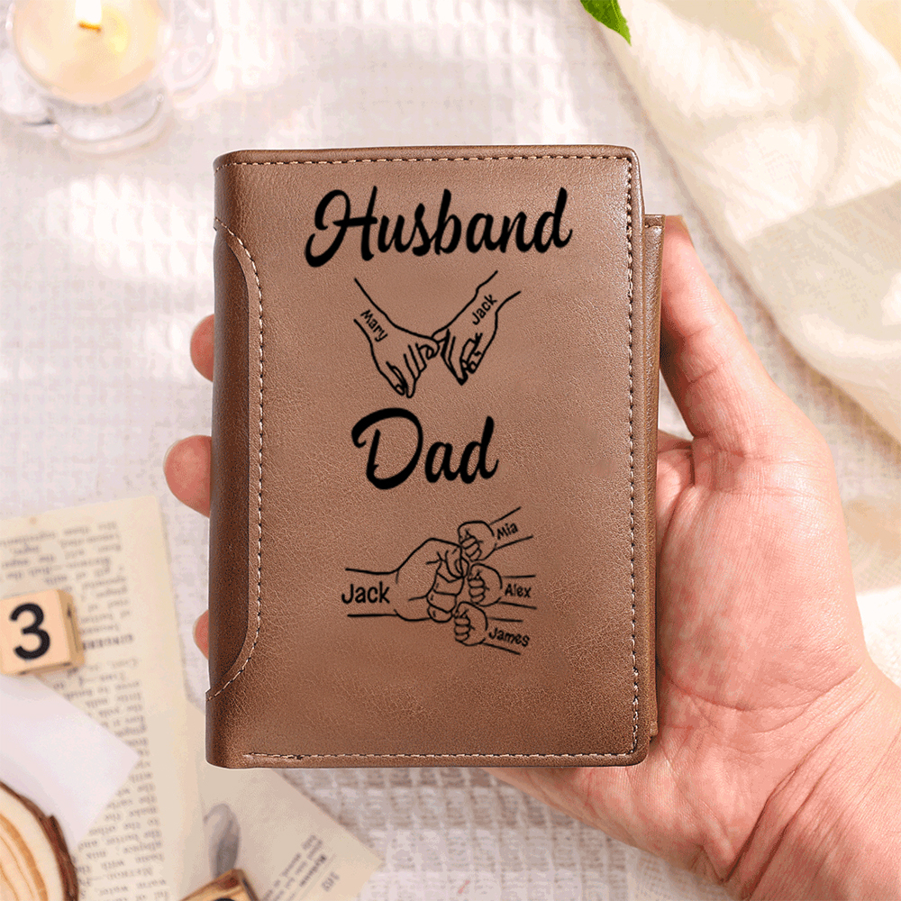 Personalised Men Leather Wallet Customise 1-8 Kids Names with Fist Bump Perfect Father’s Day Gift for Dad | Jessemade