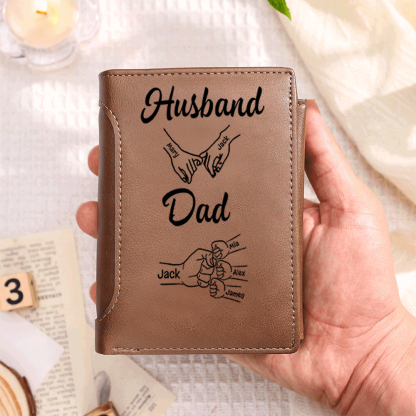 Personalised Men Leather Wallet Customise 1-8 Kids Names with Fist Bump Perfect Father’s Day Gift for Dad | Jessemade