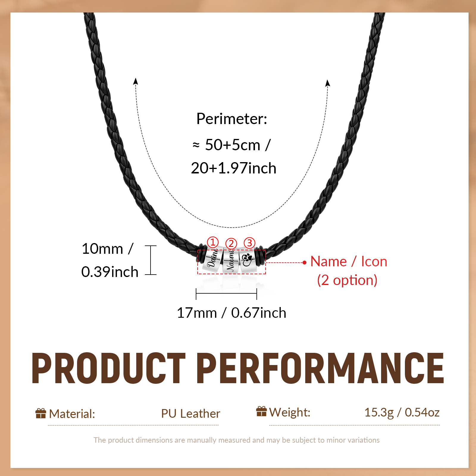 Personalized Braided Leather Necklace for Men Customized with 1–6 Names Beads