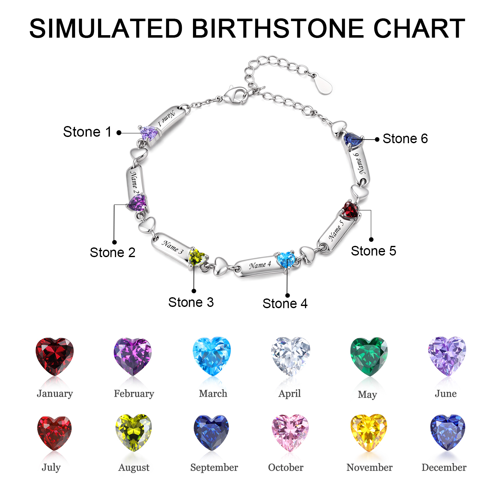 Personalized Birthstones Bracelet Customized With 1-6 Names And Heart-Shaped Stones Gift For Mom Or Grandma