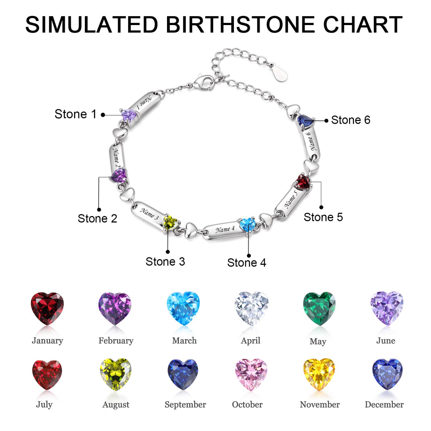 Personalized Birthstones Bracelet Customized With 1-6 Names And Heart-Shaped Stones Gift For Mom Or Grandma