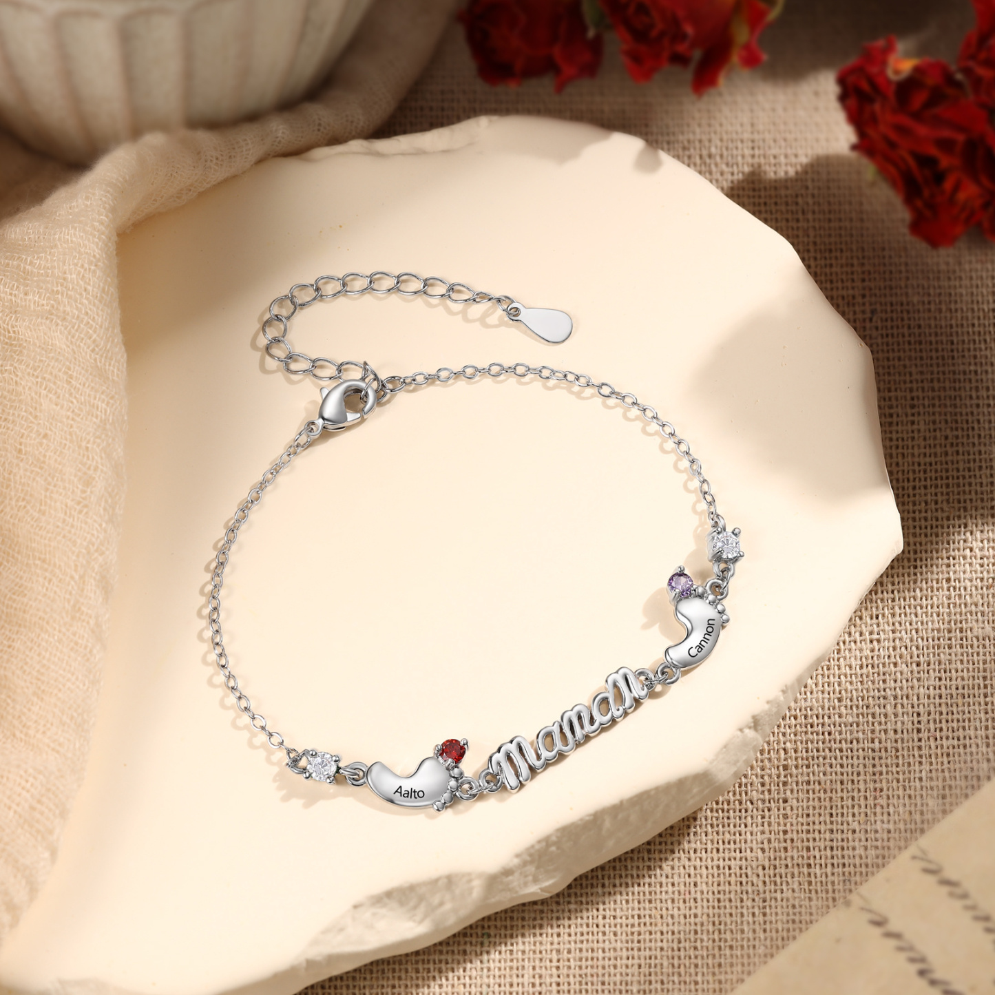 Personalized Mom Bracelet with 2–5 Baby Feet Names and Birthstones
