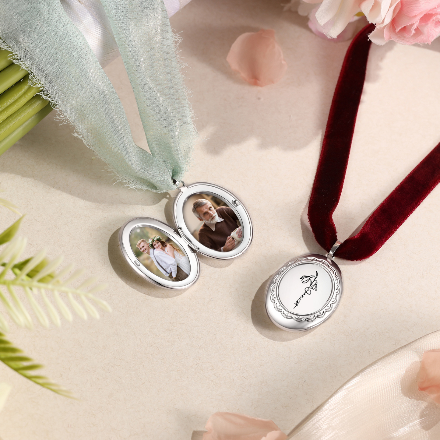 Personalized Photo Bridal Bouquet Charm with Birth Flower and Ribbon Memorial Wedding Keepsake