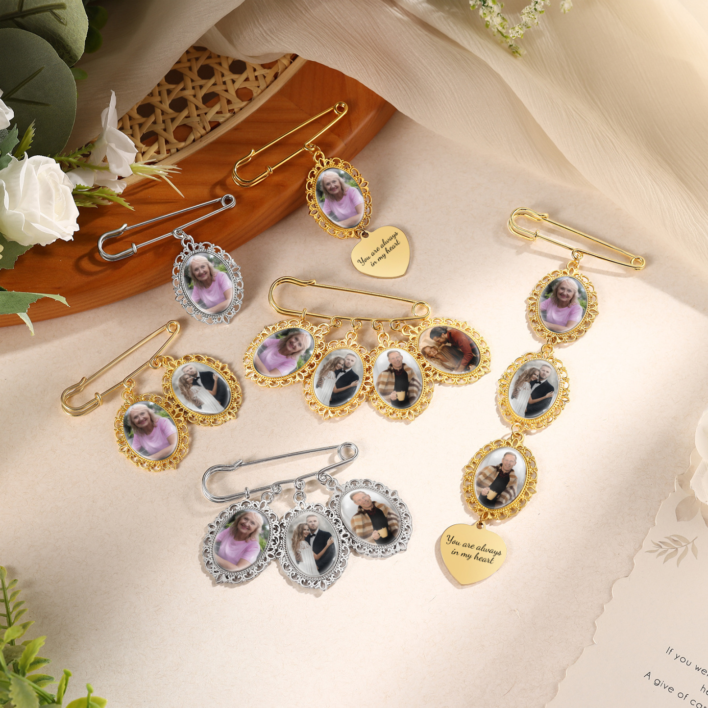 Personalized Wedding Photo Brooch Memorial Bridal Bouquet Groom Lapel Pin
