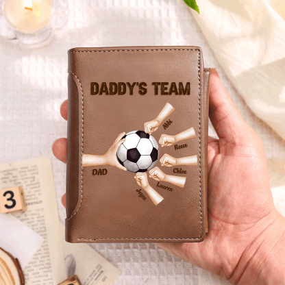 Personalized Football Leather Wallet for Dad with 2–6 Kids Names and Fist Bump Design