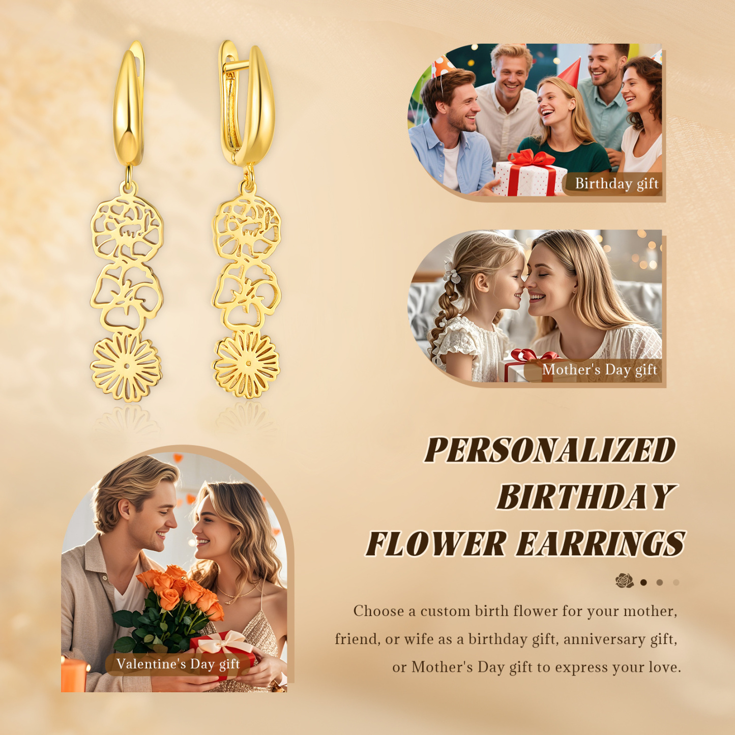 Personalized Birth Flower Earring Floral Dangle Earrings