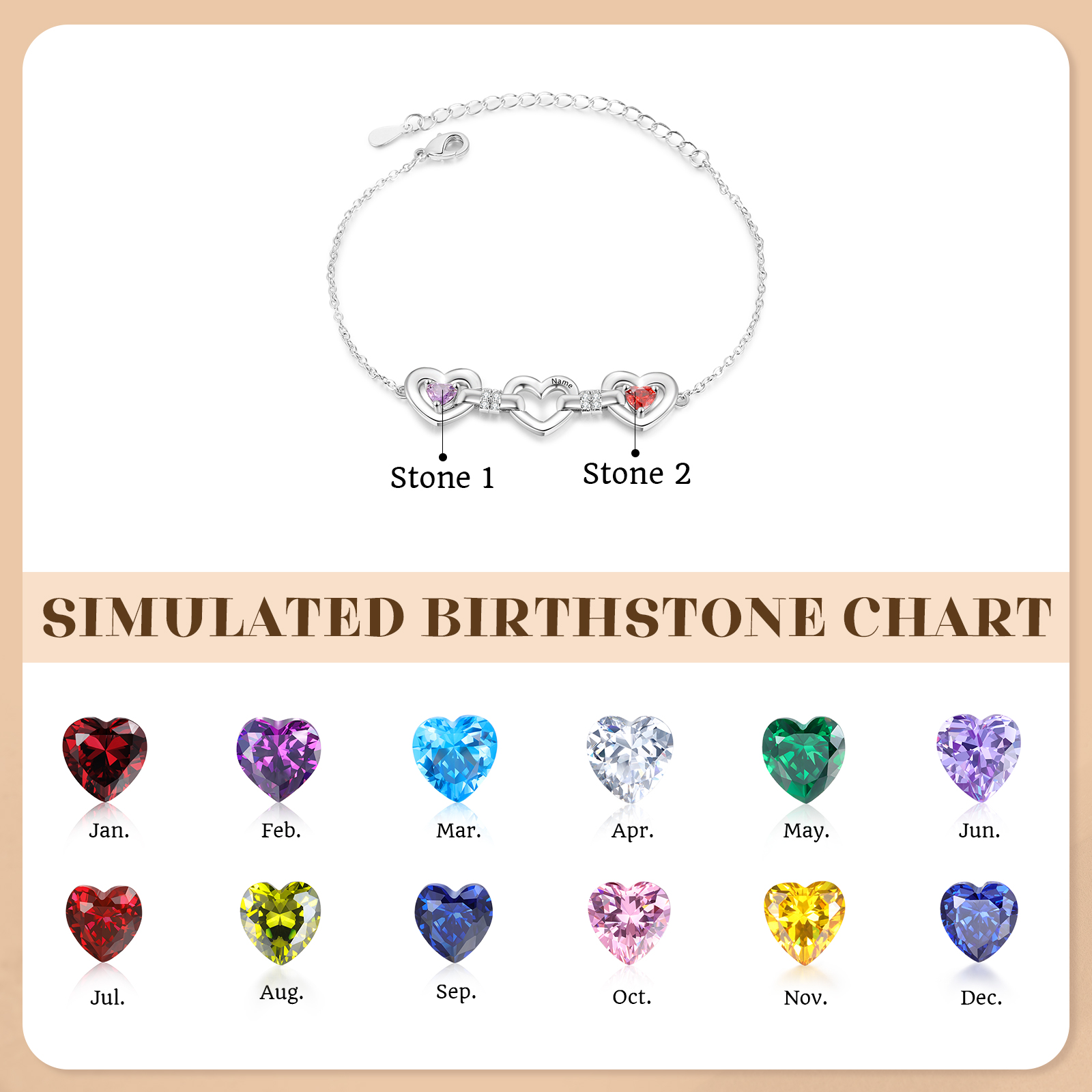 Personalized Linked Hearts Birthstone Bracelet with 1–4 Engraved Names