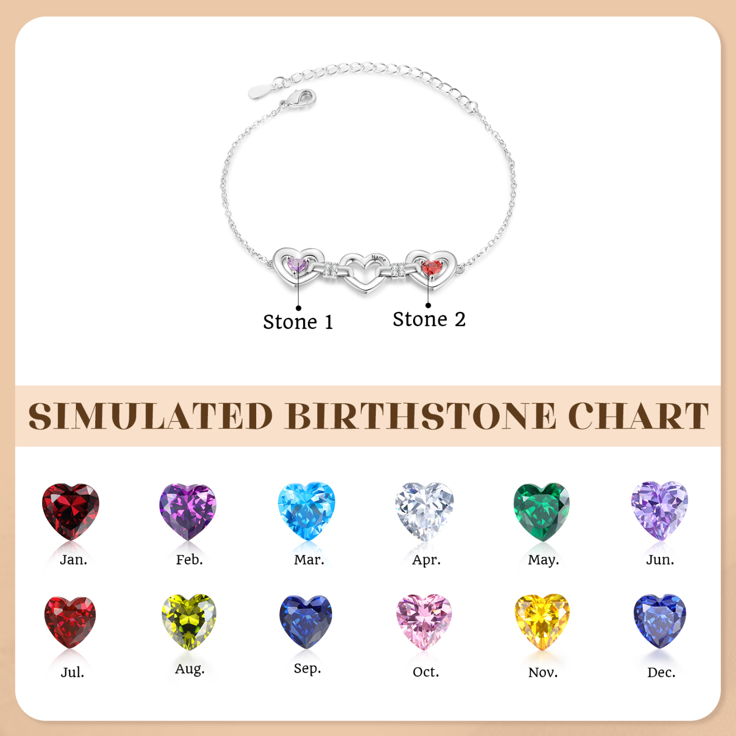Personalized Linked Hearts Birthstone Bracelet with 1–4 Engraved Names