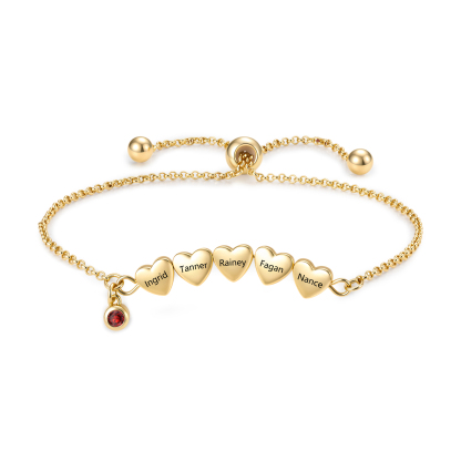 Personalized Bracelet With Engraved Hearts Custom with 2-5 Names And Birthstone Gift