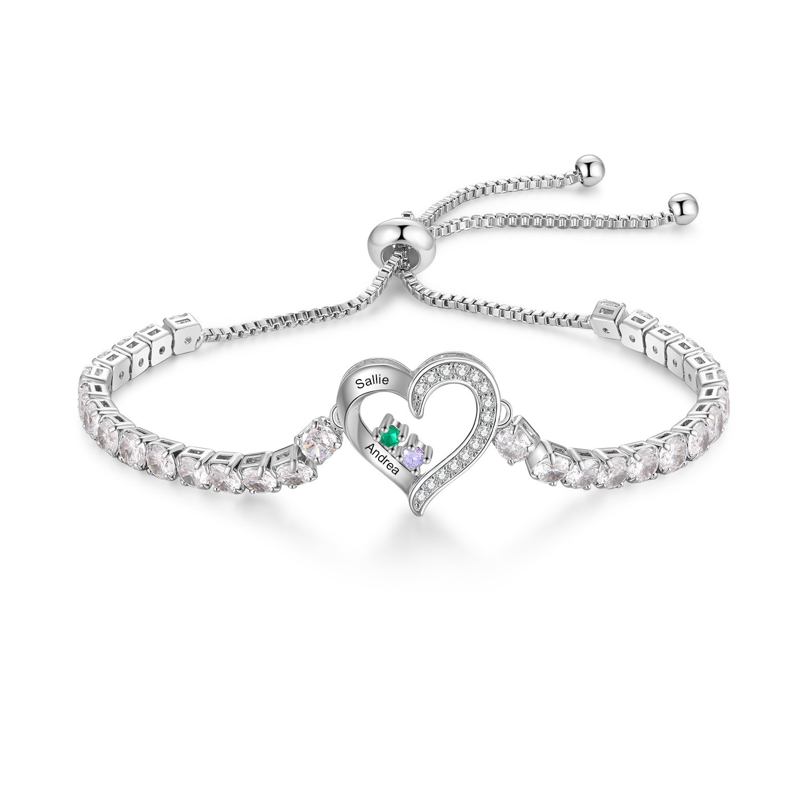 Personalized Heart Bracelet with 2-4 Names & CZ Birthstones – Custom Rhodium Plated Gift for Her | Jessemade