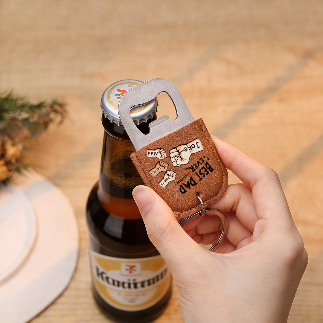 Personalized Leather Keychain With Bottle Opener For Dad Custom With 2–7 Names And Fist Bumps