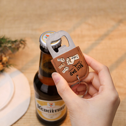 Personalized Leather Keychain With Bottle Opener For Dad Custom With 2–7 Names And Fist Bumps