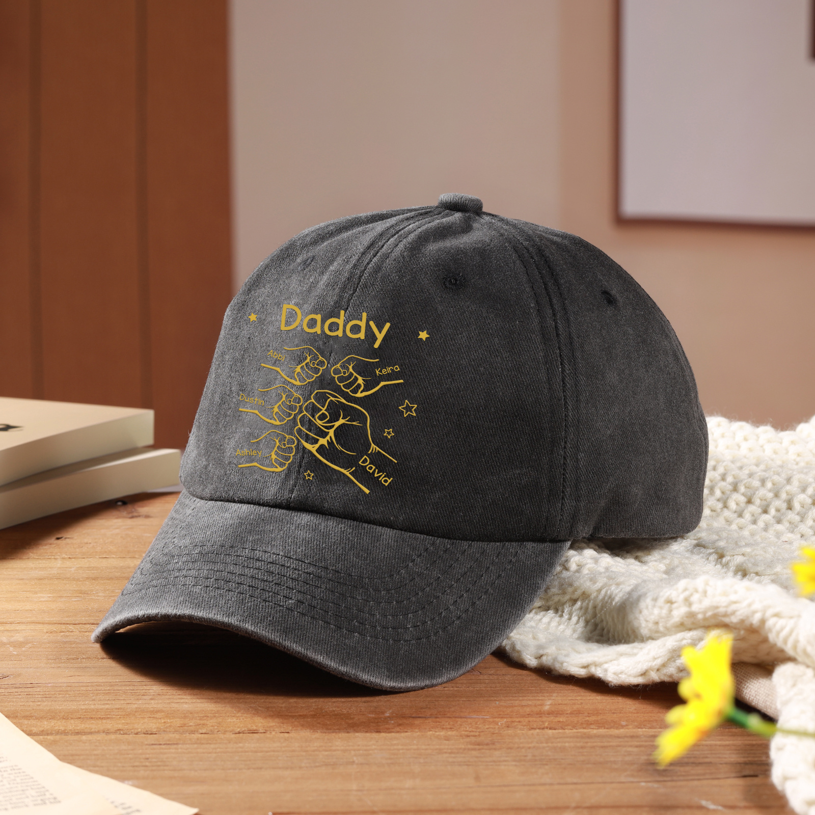 Personalized Washed Denim Baseball Cap Customized with 1-10 Names and Fist Bumps