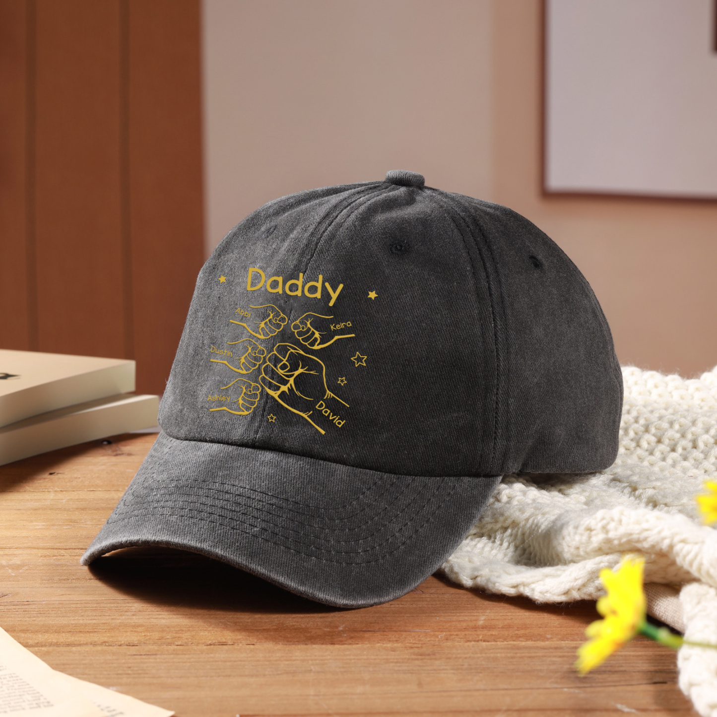 Personalized washed denim baseball cap Customized with 1 to 10 names and fist-bump motif, customized with 1–10 names and fist bumps – Father’s Day and birthday gift for Dad, husband, grandad | Jessema