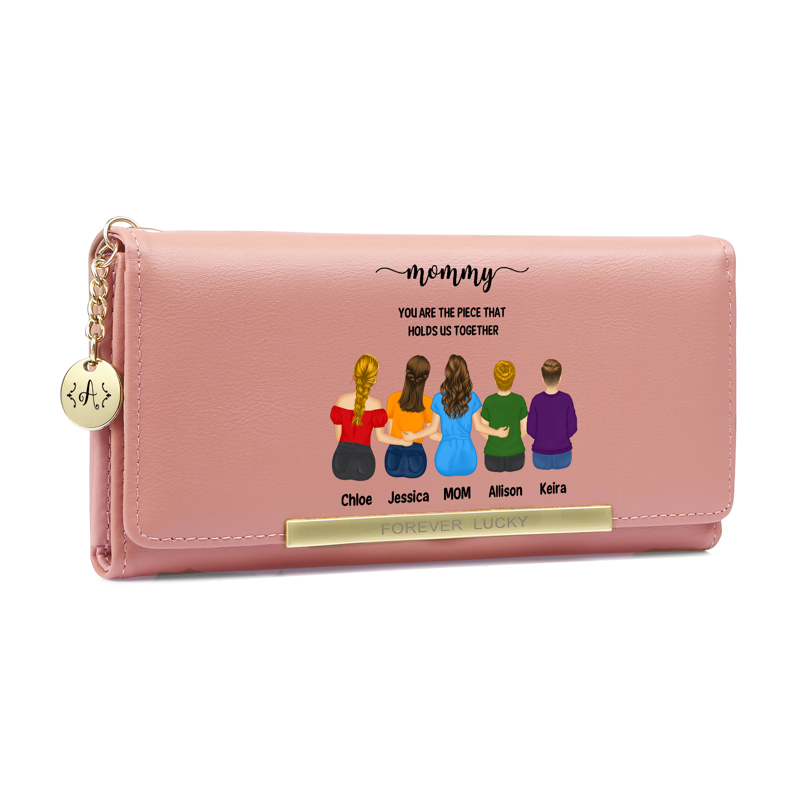 Personalized leather wallet for Mom Custom with 1–6 child figures and names